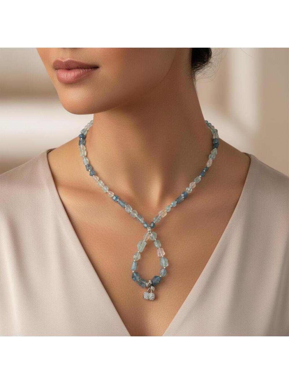 LUXE 24" Aquamarine Jacla Necklace - Genuine Diamond Cherry Charm - .925